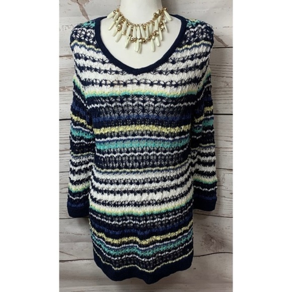 NWT CJ Banks V-Neck Color Block Crochet Sweater - Picture 1 of 7